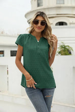 Swiss Dot Notched Neck Short Sleeve Top Forest Woman T Shirts