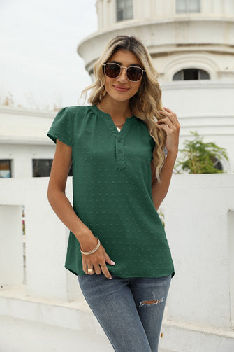 Swiss Dot Notched Neck Short Sleeve Top Forest