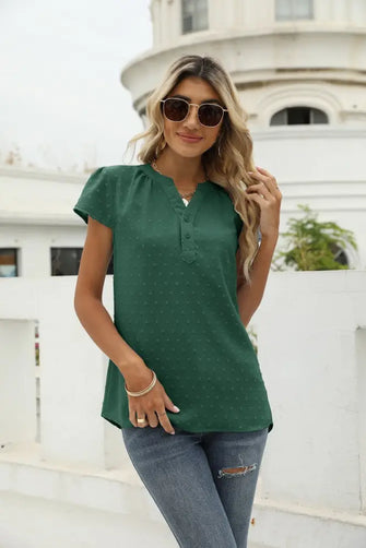 Swiss Dot Notched Neck Short Sleeve Top Forest Woman T Shirts
