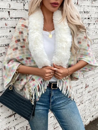 Fringe Fuzzy Open Front Poncho Cream One Size Woman Outerwear
