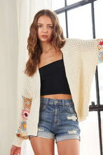 Cream contrast crochet open long sleeve cardigan with floral embroidery