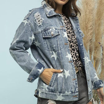 Star Distressed Denim Shacket Light