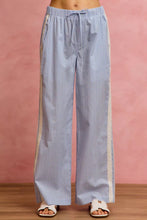 Light blue and white wide check pants with cream side lace trim and piping by so me in wide-leg design