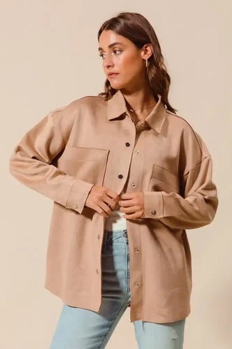 SO ME Faux Sued Snap Shacket with Collar and Pockets CAMEL Woman Outerwear