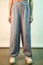 Light blue wide leg gauze solid cotton cargo pants with drawstring waist and cuffs from VERY J
