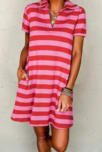 Casual Striped Polo Collar T-Shirt Dress Hot Pink Casual Dresses