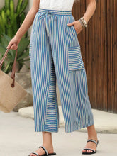 Blue and white contrast striped wide leg pants with drawstring waistband in lightweight fabric for casual wear