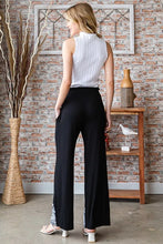Black Heimish full size solid damask casual wide-leg pants with subtle white patterned trim at cuffs for plus size wear