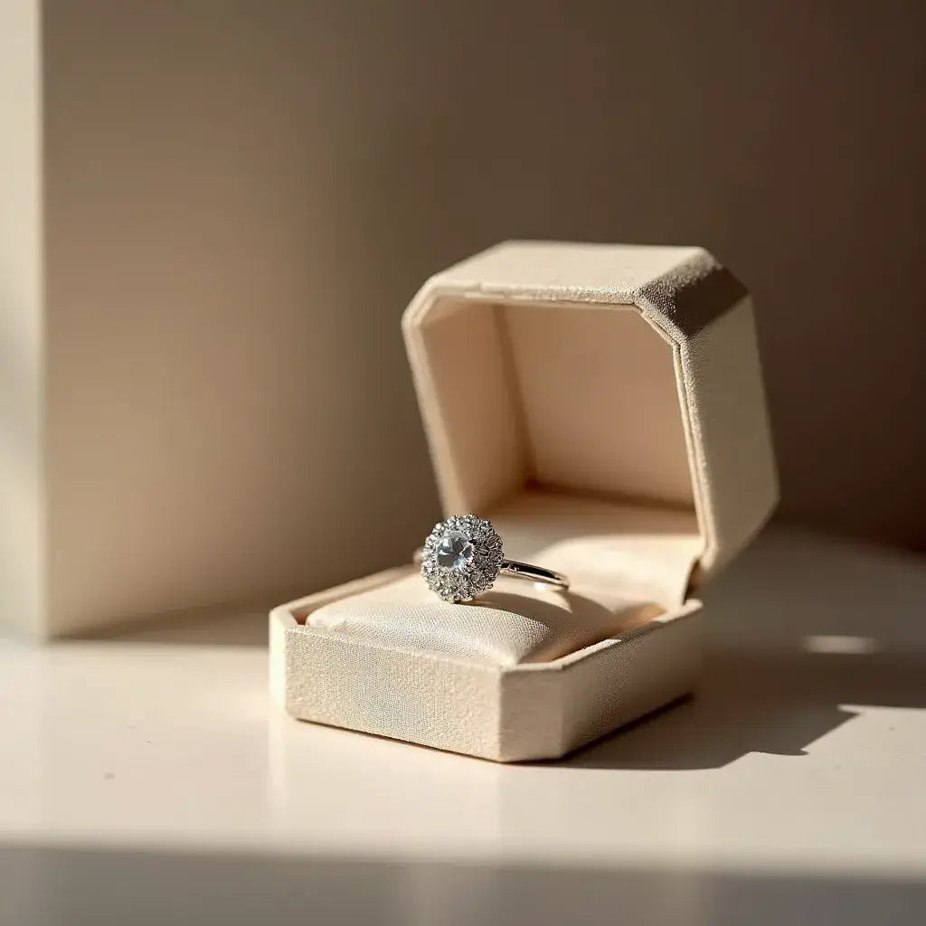 1 carat moissanite sterling silver ring in cream velvet box