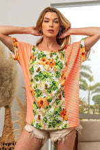 Floral and Striped Color Block Top with Dolman Sleeves for Women