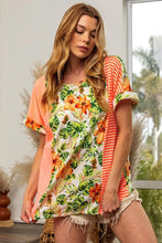 Floral and Striped Color Block Top with Dolman Sleeves for Women