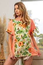 Floral and Striped Color Block Top with Dolman Sleeves for Women NEON ORANGE COMBO