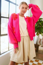 Floral Applique Open Front Drop Shoulder Cardigan in Bright Pink