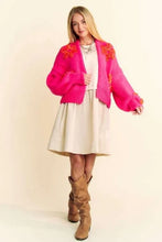 Floral Applique Open Front Drop Shoulder Cardigan in Bright Pink