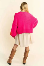 Floral Applique Open Front Drop Shoulder Cardigan in Bright Pink Woman Outerwear