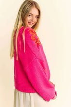 Floral Applique Open Front Drop Shoulder Cardigan in Bright Pink