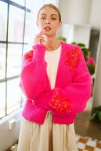 Floral Applique Open Front Drop Shoulder Cardigan in Bright Pink Hot Pink
