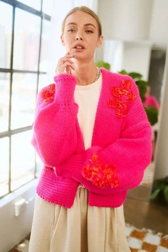 Floral Applique Open Front Drop Shoulder Cardigan in Bright Pink Hot Pink
