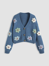 Blue Floral Applique V-Neck Knit Cardigan with embroidered flowers
