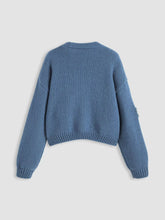 Soft dusty blue Floral Applique V-Neck Knit Cardigan with ribbed cuffs