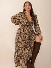 Brown floral balloon sleeve maxi dress with tiered skirt