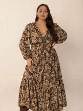 Brown floral print balloon sleeve maxi dress with pockets