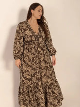 Brown floral print balloon sleeve maxi dress with V-neckline