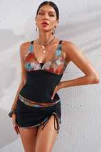 Floral Black Tankini Swimsuit Dress with Moderate Stretch Skirt Set