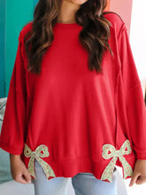 Red oversized baggy sweatshirt with floral bow patched hem and exposed seam patchwork machine wash cold