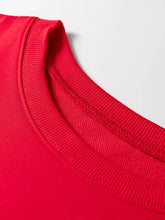 Bright red ribbed knit crew neck collar of floral bow patched exposed seam patchwork slit baggy sweatshirt machine wash cold