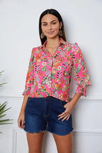 Floral Button Up Flounce Sleeve Shirt Deep Red Woman Blouses