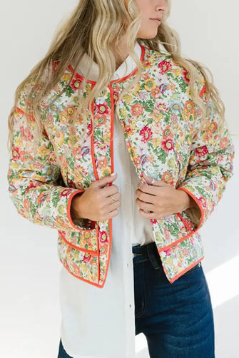 Floral Button Up Long Sleeve Winter Coat Orange-Red Woman Outerwear