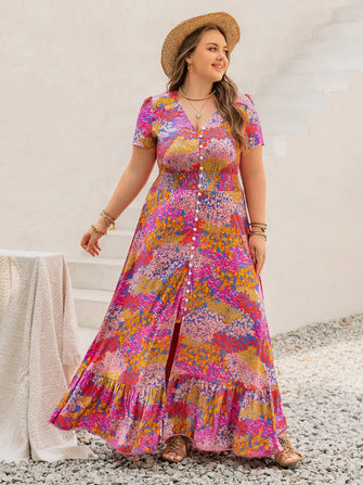 Floral Buttoned Maxi Dress in Viscose with Slit Fuchsia Pink