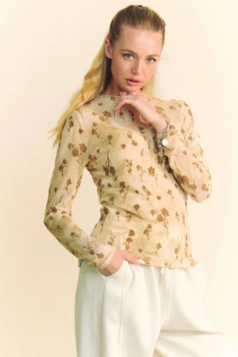 Floral Chiffon Blouse with Long Sleeves in Light Beige CREAM LATTE