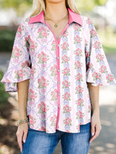 Pink and lavender floral collared ruffled half sleeve blouse with delicate ruffled sleeves for elegant wear