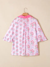 Pink floral collared ruffled half sleeve shirt with bright pink collar made of lightweight fabric