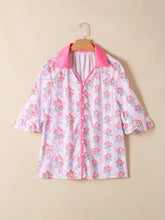 Pink floral print pajama top with ruffled half sleeve and collar in lavender floral print for comfortable loungewear