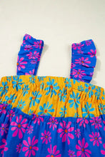 Floral colorblock flutter straps flowy tank top in blue and yellow floral print with pink flower accents