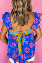 Blue floral colorblock flutter straps flowy tank top with pink flowers and yellow tied waistband for casual wear
