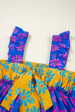 A vibrant floral colorblock flutter straps flowy tank top with ruffled blue and yellow off-shoulder straps and pink flowers