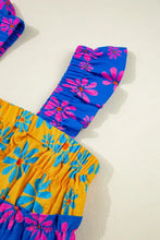 Floral colorblock flutter straps flowy tank top with vibrant off-shoulder ruched blue and yellow fabric and bold blossoms