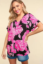 Women’s floral drop shoulder V-neck blouse with pink print