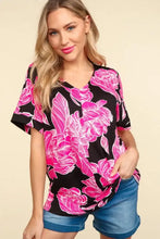 Black and pink floral drop shoulder V-neck blouse top