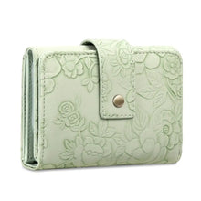 Mint green floral embossed leather wallet with metallic snap closure