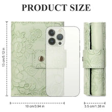 Floral embossed light green leather phone wallet with metallic button