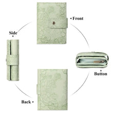 Floral embossed leather wallet in light green with button closure and zipper interior