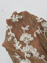 Floral embroidered long sleeve shirt with delicate cream lace overlay on textured brown mesh fabric