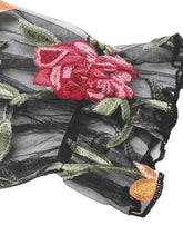 Black sheer lace long sleeve bodysuit with intricate red and green embroidered roses mesh long sleeve design