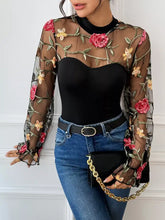 Black sheer mesh long sleeve bodysuit with embroidered red roses and green vines floral design