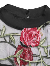 A delicate gray mesh long sleeve bodysuit with black collar and vibrant red rose embroidery with green vines